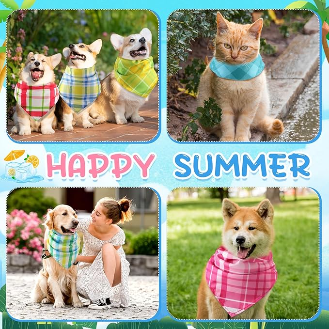 Kacctyen 300 Pcs Summer Plaid Dog Bandanas Bulk Hawaiian Pet Bibs Seasonal Accessories Adjustable Dog Cat Outfit Cute Washable Triangle Scarf for Small to Medium Pet