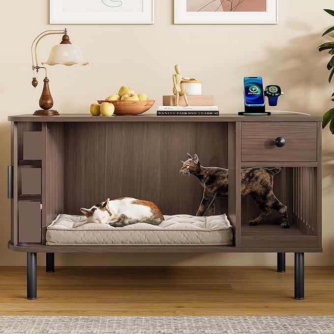37.4" Cat Litter Box Enclosure with Sliding Door Hidden Cat Litter Box Enclosure and End Table with Drawer Charging Station Modern Accent Cabinet Indoor Kitty House for Living Room Bedroom Brown