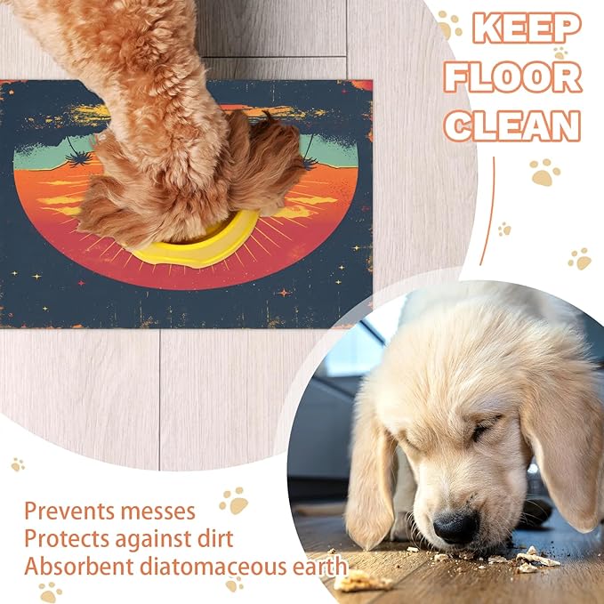 Boho Sunrise Dog Food Mat for Floors Absorbent, Quick Dry Water Dispenser Mat for Food, Water, Pet Supplies 16" x 24", Palm Tree