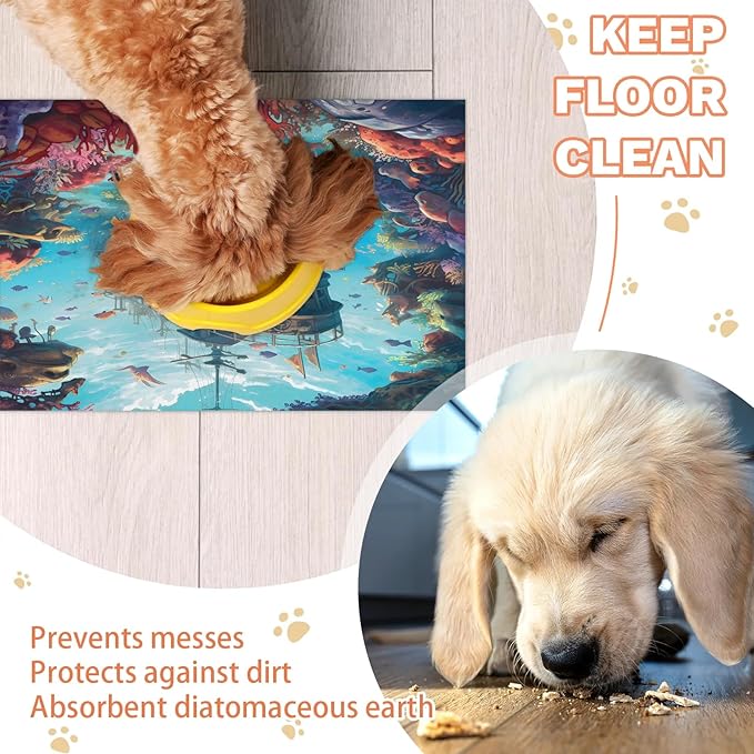 Pirate Ship Dog Food Mat for Floors Absorbent, Quick Dry Water Dispenser Mat for Food, Water, Pet Supplies 24" x 32", Ocean Sea
