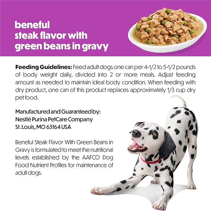 Purina Beneful Steak Flavor with Green Beans Wet Dog Food in Dog Food Gravy - 5.5 oz Can (Pack of 12)