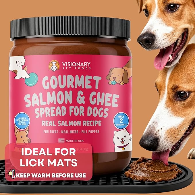 Visionary Pet Foods Salmon and Ghee Meat Spread, Dog Safe - Natural Peanut Butter Alternative - Digestive Support, No Additives - Meal Topper or Lick Mat Treat - 12oz Jar