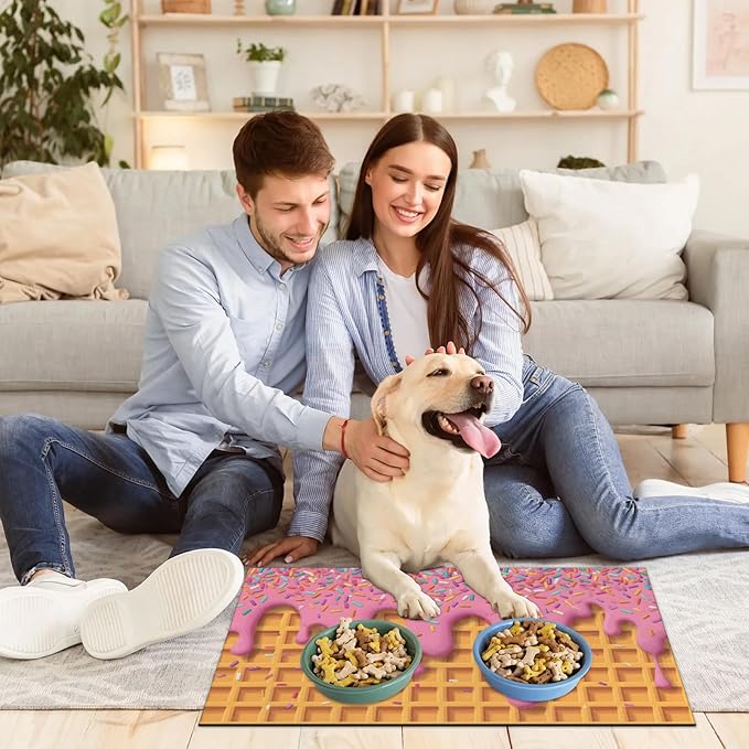 Ice Cream Dog Food Mat for Floors Absorbent Dog Bowl Mat for Food and Water Dispenser Quick Dry Cat Food Placemat Pet Supplies 12" x 20", Waffle Food