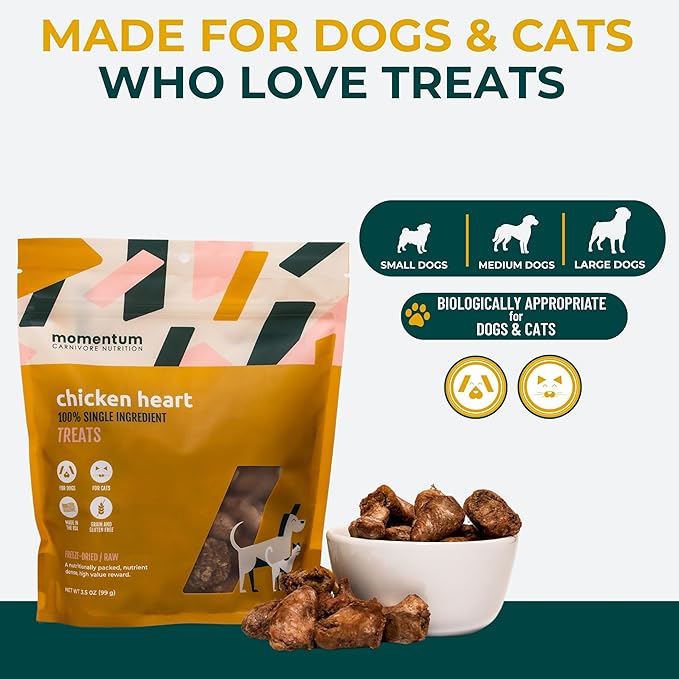 Momentum Carnivore Nutrition Freeze-Dried Chicken Heart Dog Treats & Cat Treats – Single-Ingredient, High-Protein, Grain-Free, Naturally Nutrient-Rich – Made in USA – 3.5 oz Bag