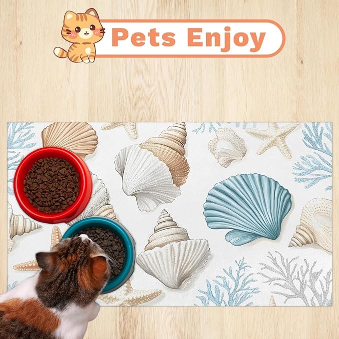 Starfish Coral Dog Food Mat for Floors Absorbent Dog Bowl Mat for Food and Water Dispenser Quick Dry Cat Food Placemat Pet Supplies 24" x 32", Ocean Theme