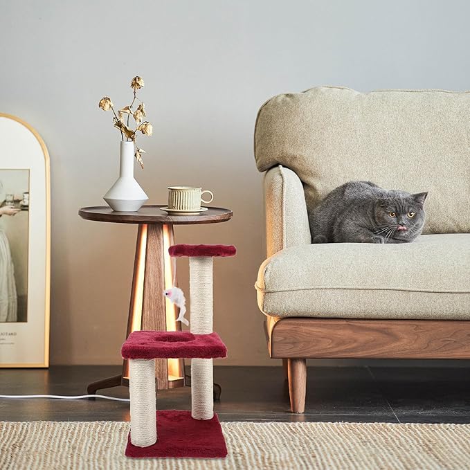 Homoyoyo Multi-Layer Sisal Cat Scratching Post with Mouse Three-Tier Indoor Climbing Tower for Cats Burgundy Sturdy Furniture for Comfortable Kitten Play and Claw Maintenance