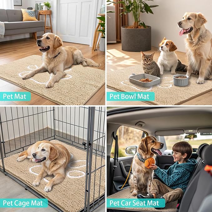 Smiry Dog Door Mat for Muddy Paws, Absorbent Dirt Trapper Non Slip Quick Dry Washable Chenille Mat for Mud Dogs, Entry Rug for Indoor and Outdoor (59x24 Inches, Beige and White)