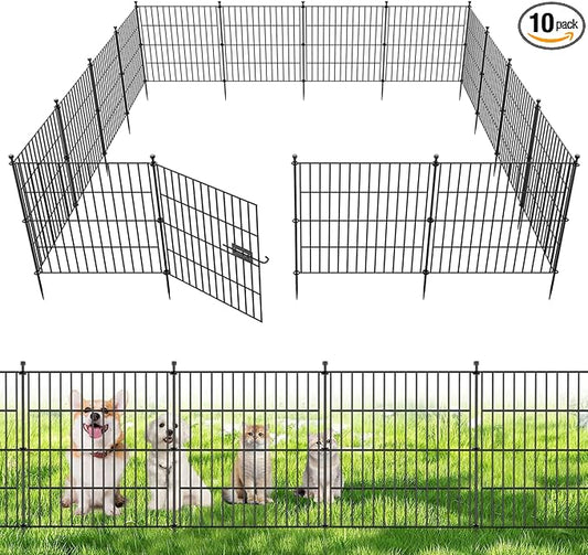 10 Panels No Dig Decorative Outdoor Garden Fence with Gate for Yard, 24 in(H) X 20 ft(L) Animal Barrier Fencing Rustproof Metal Wire Panel Border for Dog, Rabbits, and Patio Temporary Ground Stakes
