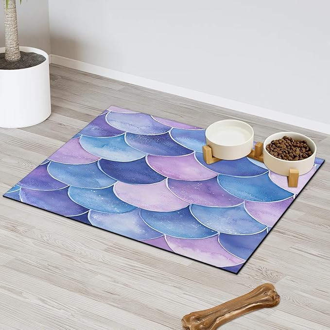 Mermaid Scales Dog Food Mat for Floors Absorbent Dog Bowl Mat for Food and Water Dispenser Quick Dry Cat Food Placemat Pet Supplies 12" x 20", Blue Purple Ocean