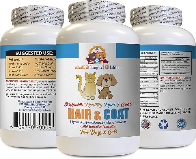 cat Skin Care - Pets Hair and Coat Boost - for Dogs and Cats - Supports Healthy Skin Hair Nails - Vitamin c for Cats - 1 Bottle (60 Tablets)