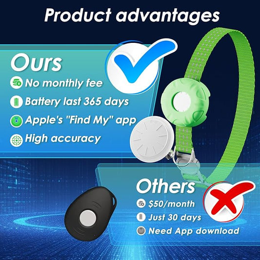 Smart Cat GPS Tracker, Cat Tracker Collar with Safety Elastic Buckle, Compatible with Apple Find My App (Only iOS), No Monthly Fee, Waterproof (White Tracker, Green Cat Collar)
