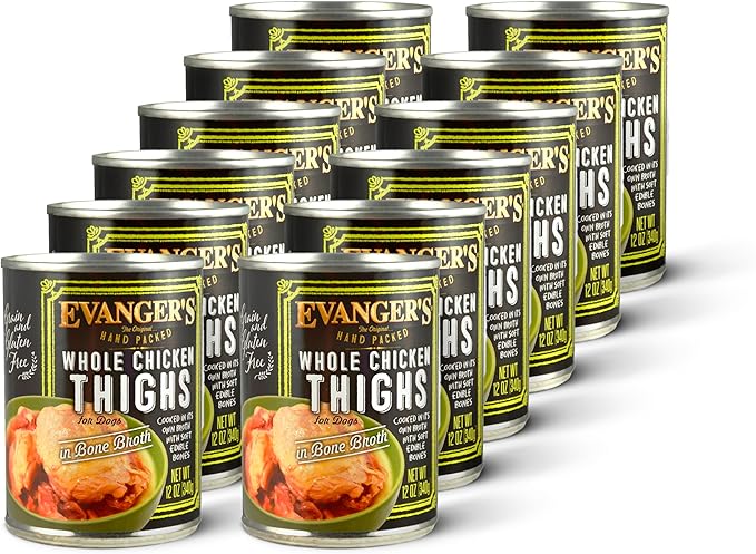 Evanger's Heritage Classics Whole Chicken Thighs Dog Food – 12 Count, 12 oz Each – Grain & Gluten Free, Single-Source Protein in Bone Broth – Protein Rotation Diet, Dry Food Topper