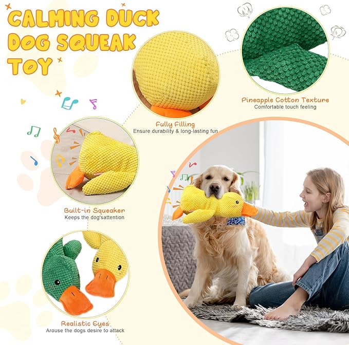 Mellow Calming Duck Dog Toy, 2026 Upgrade Calming Duck Toy for Dog, Interactive Toy with Quack Sound, Soft Plush Stuffed Calming Duck Pillow for Puppy Keep Busy (Yellow)