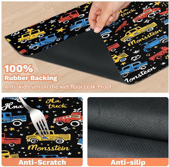 Cool Car Dog Food Mat for Floors Absorbent, Quick Dry Water Dispenser Mat for Food, Water, Pet Supplies 17" x 30", Cute Car