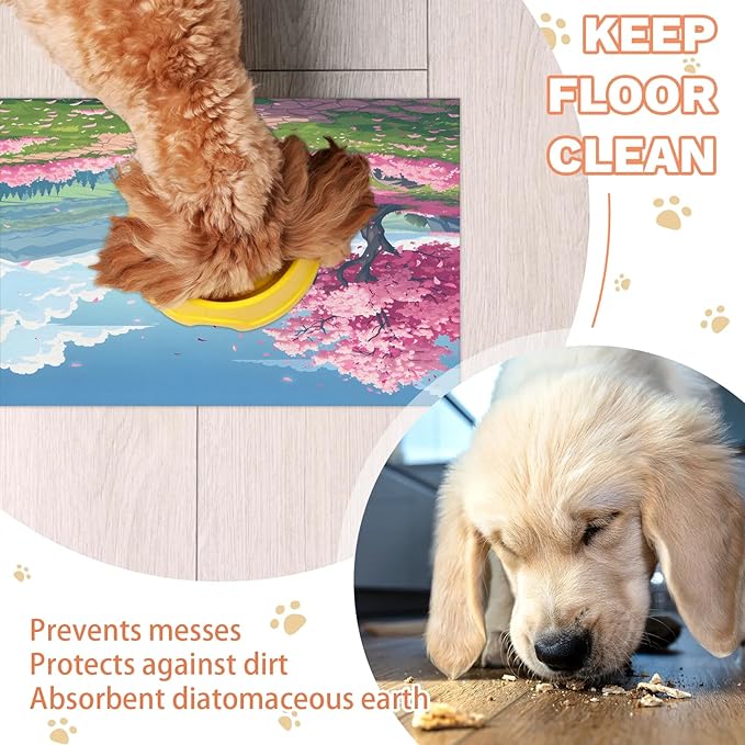 Pink Floral Dog Food Mat for Floors Absorbent, Quick Dry Water Dispenser Mat for Food, Water, Pet Supplies 17" x 30", Spring Tree
