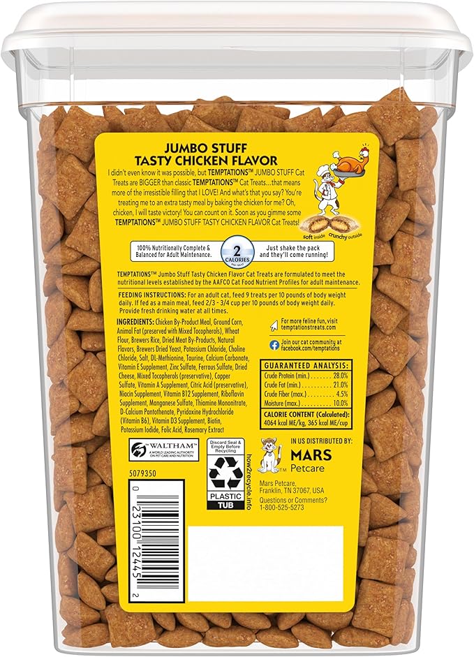 Temptations Jumbo Stuffed Cat Treats, Crunchy and Soft Cat Treats, Tasty Chicken Flavor, 14 oz. Tub