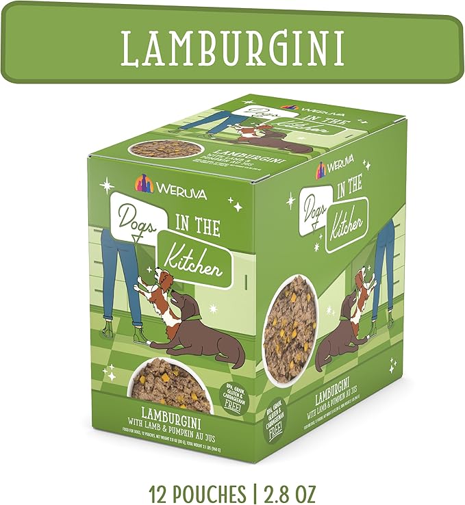 Weruva Dogs in The Kitchen, Lamburgini with Lamb & Pumpkin Au Jus Dog Food, 2.8oz Pouch (Pack of 12), Green