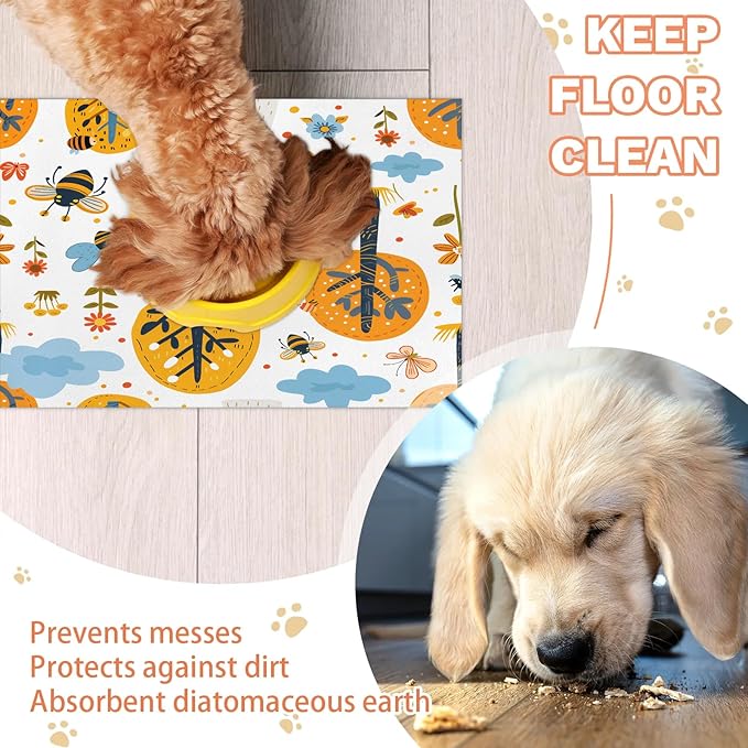 Tree Dog Food Mat for Floors Absorbent, Quick Dry Water Dispenser Mat for Food, Water, Pet Supplies 12" x 20", Floral