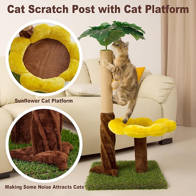 33.86" Tall Cat Scratching Posts Cat Scratcher with Premium Sisal Rope, Sunflower Cat Platform and Danging Balls,Cat Scratcher Suitable for Large Adult cat, Kitten, and All Type of Cats