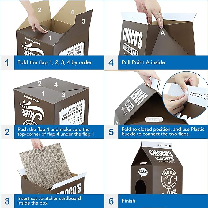 Cardboard Cat House with Scratch Pad, Corrugated Kitten Hideaway Cave, Cute Cats Condos Box, Milk Box Shape Cat Scratching House Bed, Black