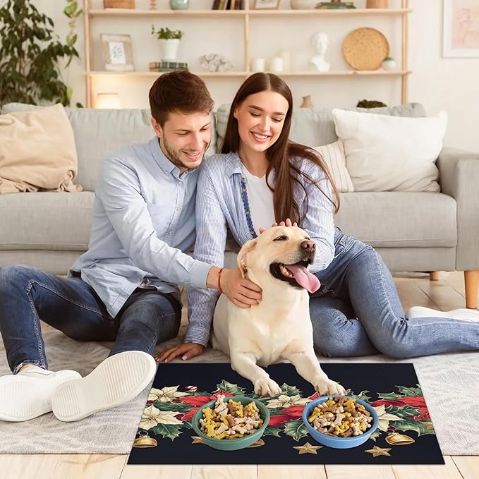 Red Poinsettia Dog Food Mat for Floors Absorbent, Quick Dry Water Dispenser Mat for Food, Water, Pet Supplies 16" x 24", Bell Star