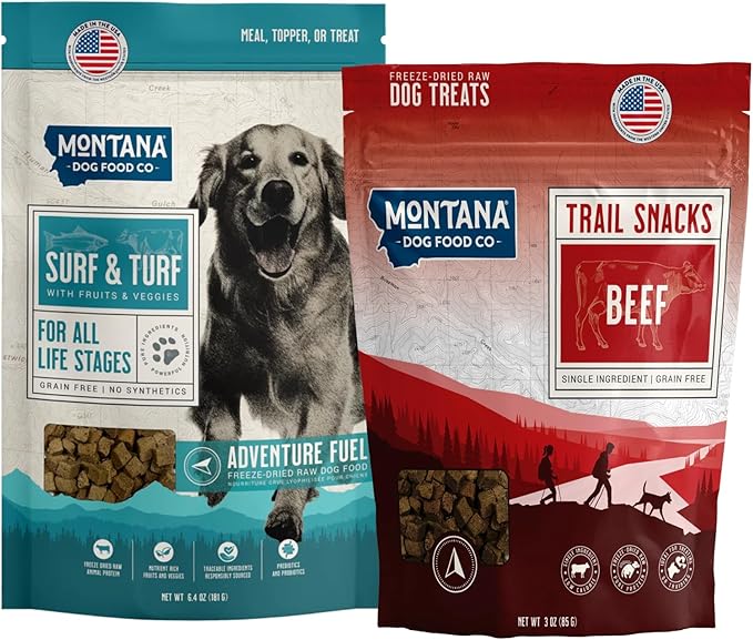 Surf and Turf Dog Food and Beef Dog Treat Adventure Fuel Bundle - Freeze-Dried Raw Food with Single Ingredient Training Snacks