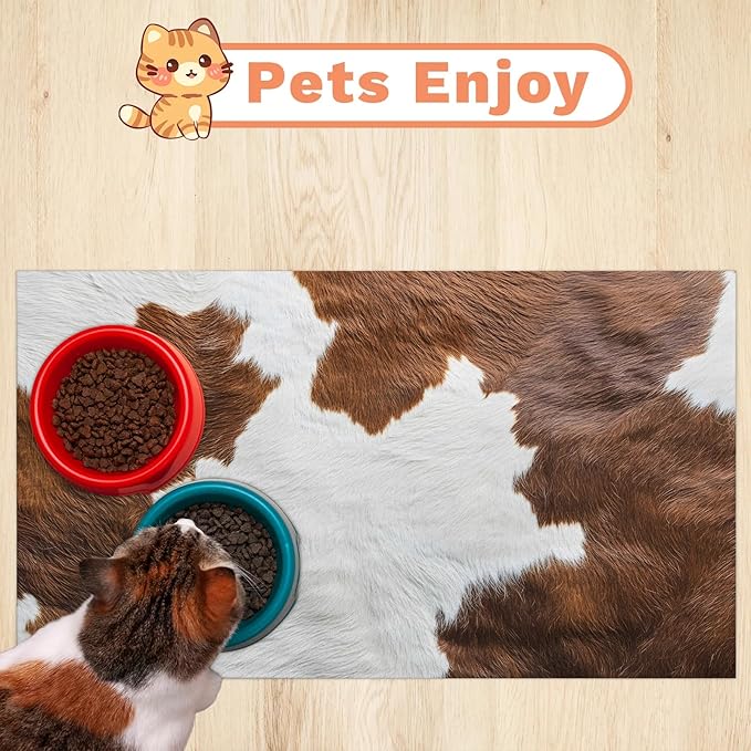 Cow Print Dog Food Mat for Floors Absorbent Dog Bowl Mat for Food and Water Dispenser Quick Dry Cat Food Placemat Pet Supplies 12" x 20", Brown Cow Skin