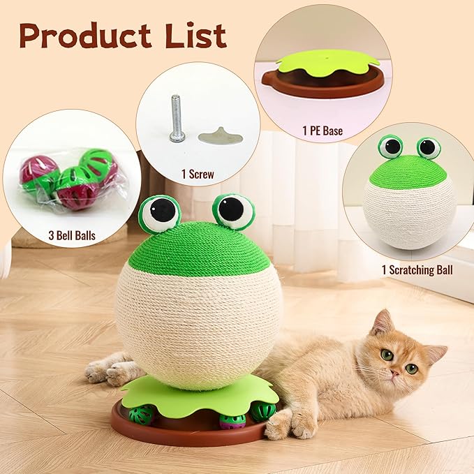 Frog Cat Scratcher - 3 in 1 Cute Cat Scratching Post for Indoor Cats with Bell Ball Track - Natural Sisal Cat Scratcher Ball Toy Orange/Bee Aesthetic Cat Furniture, Space-Saving Interactive Kitten Toy