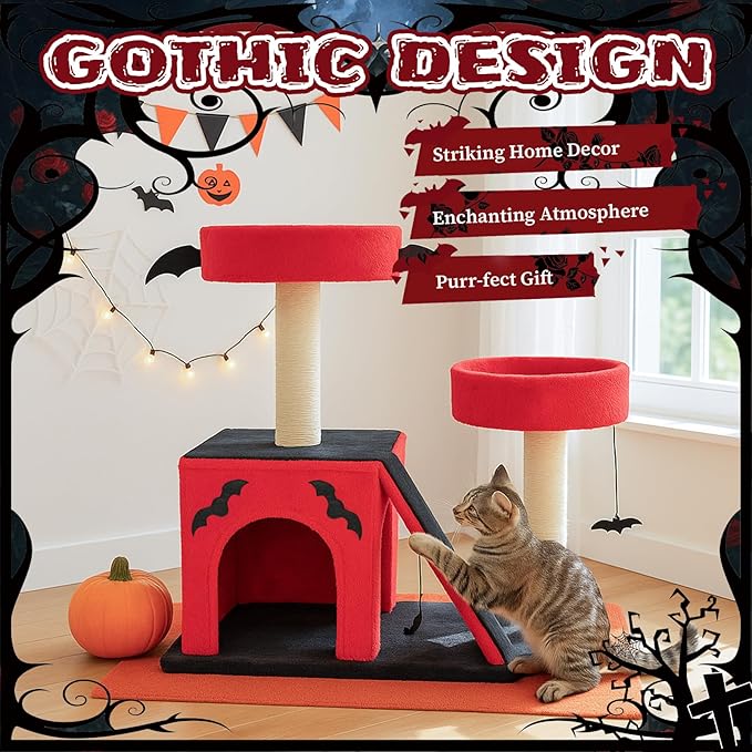 26" Gothic Cat Tree, Cat Tower with Spacious Cat Condo, 2 Padded Perches, Spider Toy, Scratching Posts, Scratching Ladder for Large Cats, Red & Black (60 * 40 * 66CM)