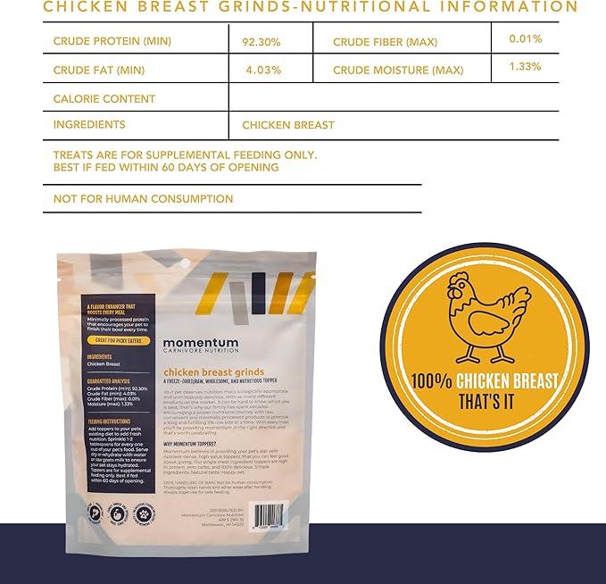 Momentum Carnivore Nutrition Freeze-Dried Chicken Breast Pet Food Topper – Single-Ingredient, All-Natural Topper – High-Protein for Dogs and Cats, Grain-Free and Made in The USA– (3.75 oz Bag)