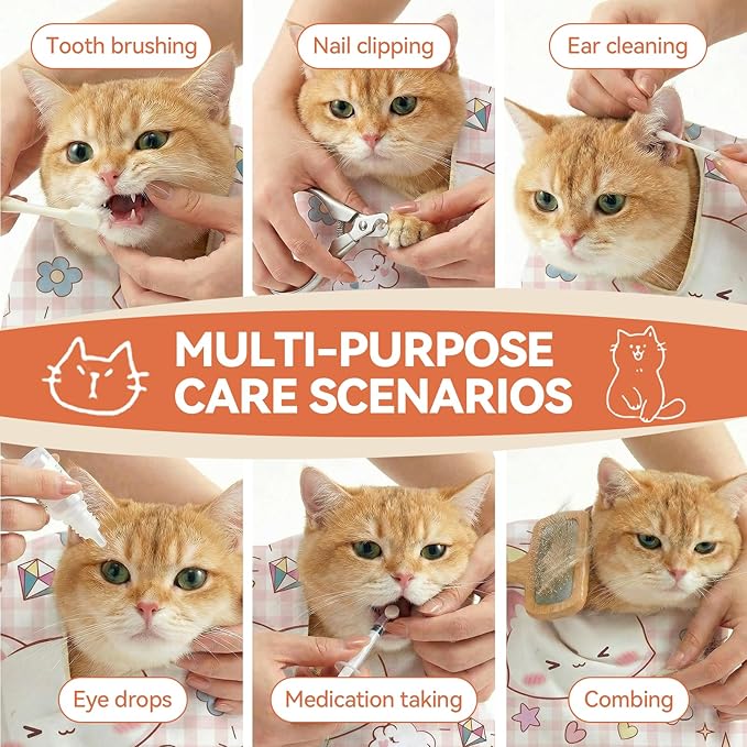 BFNN Cat Grooming Wrap for Cutting Nails, 31.5" Anti-Escape Calming Cat Swaddle Wrap for Medicine, Nail Clipping, Teeth Brushing, Ear Cleaning, Self-Adherent Burrito Restraint, (Happy Kitty, XL)