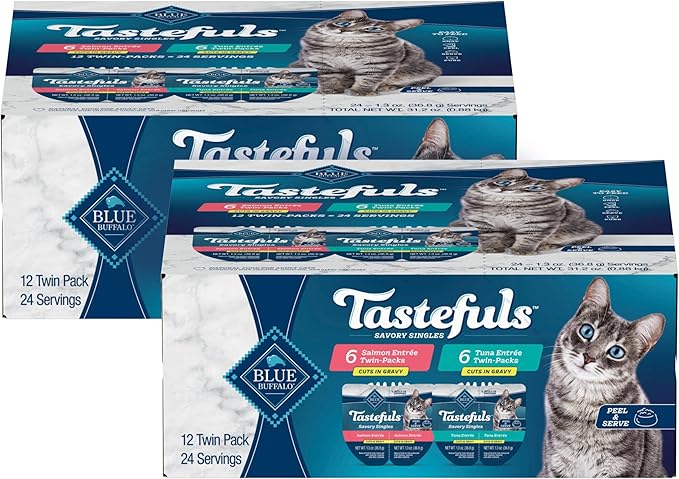 Blue Buffalo Tastefuls Savory Singles Natural Wet Cat Food Variety Pack, Salmon & Tuna Cuts in Gravy, 2.6-oz. Twin-Pack Trays (24 Count, 12 of Each)