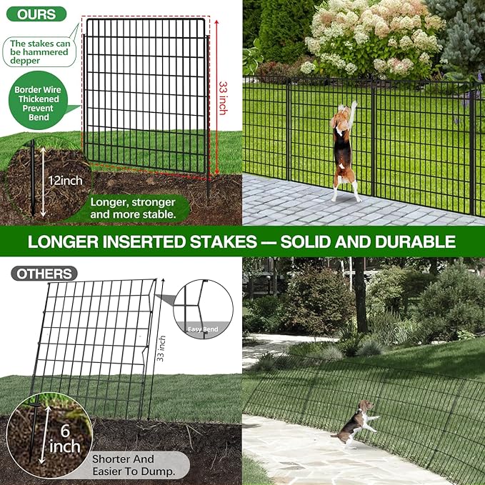 5 Panels Dog Fence Outdoor for Yard, 33 in(H) X 12 ft(L) Decorative Garden Fence Rustproof No Dig Animal Barrier Fencing Metal Wire Panel Border Patio Rabbits Ground Stakes Fencing