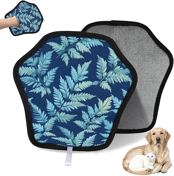 Fern Leaves Theme Electrostatic Pet Hair Removal Glove for Cats & Dogs - Reusable Grooming Mitt for Couch, Carpet, Car Seat & Laundry - Large 9x9 Inch