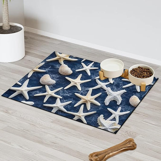 Starfish Dog Food Mat for Floors Absorbent Dog Bowl Mat for Food and Water Dispenser Quick Dry Cat Food Placemat Pet Supplies 16" x 24", Blue Denim