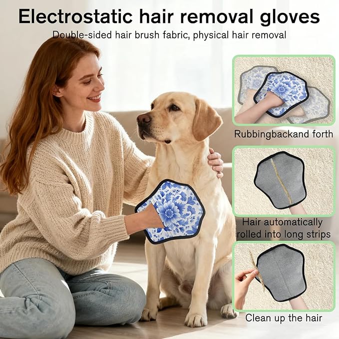 Blue Flower Pattern Electrostatic Pet Hair Removal Glove for Cats & Dogs - Reusable Grooming Mitt for Couch, Carpet, Car Seat & Laundry - Large 9x9 Inch