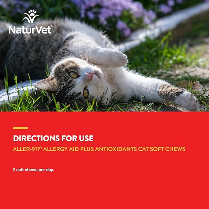 NaturVet – Aller-911 Allergy Aid Plus Antioxidants for Cats – 60 Soft Chews | Supports Immune System, Skin Moisture & Respiratory Health | Enhanced with Omegas, DHA & EPA | 30 Day Supply