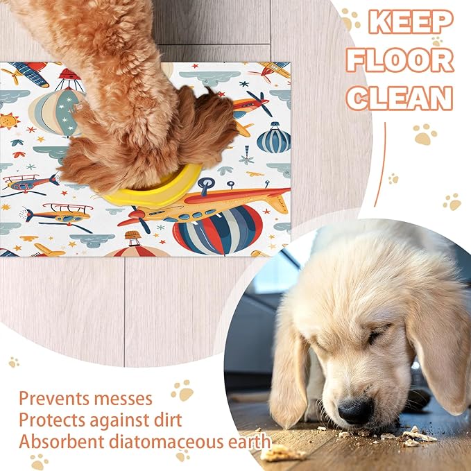 Airplane Dog Food Mat for Floors Absorbent, Quick Dry Water Dispenser Mat for Food, Water, Pet Supplies 24" x 32", Hot Air Balloon