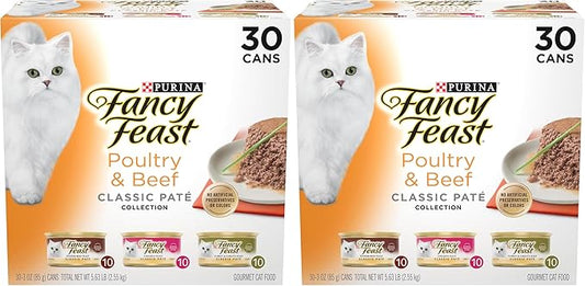 Fancy Feast Poultry and Beef Feast Classic Pate Collection Grain Free Wet Cat Food Variety Pack - 3 oz. Cans,(Pack of 60)