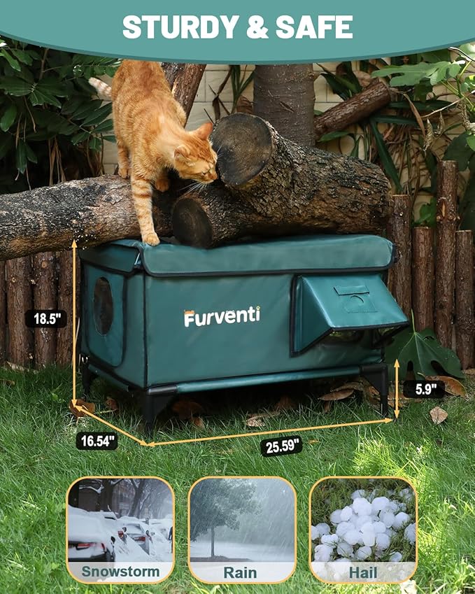 Heated Cat House for Outdoor Cats, Waterproof Insulated Outdoor Cat House with Heating Pad, Weatherproof Elevated Heated Cats House for Outside Feral Cats(Deep Green, 25" L x 16" W x 18" H)