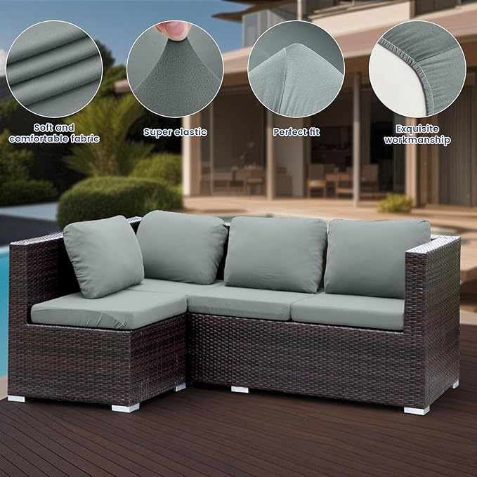 HANDONTIME 8Pcs Patio Cushion Covers Stretch Outdoor Couch Cover Replacement Cushions for Outdoor Furniture Waterproof Patio Furniture Cover for Pets Sofa Covers Washable (Grey,Cover Only)