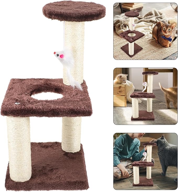 Kisangel Vertical Cat Scratching Post with Hanging Ball 3-Layer Sisal Cat Tree in Coffee Color for Indoor Kittens Multi-Level Climbing and Scratching Furniture