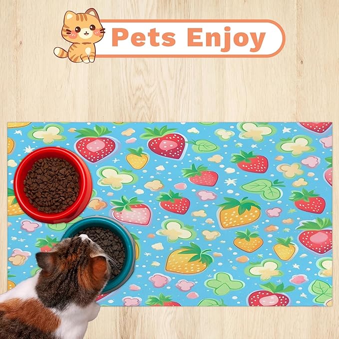 Strawberry Dog Food Mat for Floors Absorbent Dog Bowl Mat for Food and Water Dispenser Quick Dry Cat Food Placemat Pet Supplies 17" x 30", Cute Fruit
