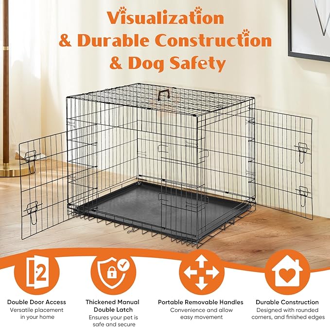 Sweetcrispy 42 Inch Dog Crate, Medium Large Crates Double Door Folding Metal Wire Dog Cage with Plastic Leak-Proof Pan Tray, Pet Kennel for Indoor, Outdoor, Travel
