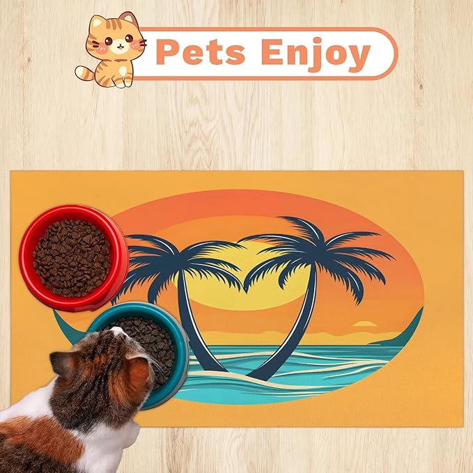 Boho Beach Dog Food Mat for Floors Absorbent, Quick Dry Water Dispenser Mat for Food, Water, Pet Supplies 17" x 30", Hawaiian Palm Tree