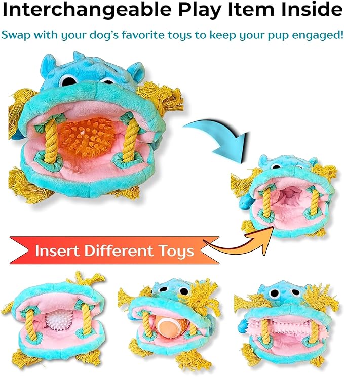 4 in 1 Squeaky Dog Toy - No Stuffing Dog Toy with Ropes, Squeaker & Surprise ball-like play item for Small Medium Large Breeds - for Chewing, Tug of war, Fetch-Soft Pet-Safe Materials-Blue Plush Hippo