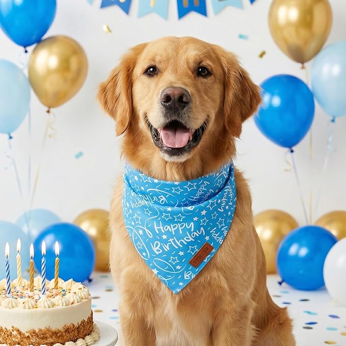 PTDECOR Happy Birthday Dog Bandana, Premium Durable Fabric, Triangle Scarf for Dog Birthday Party Supplies, Blue Pet Bandana for Large X-Large Dogs Pets (X-Large)