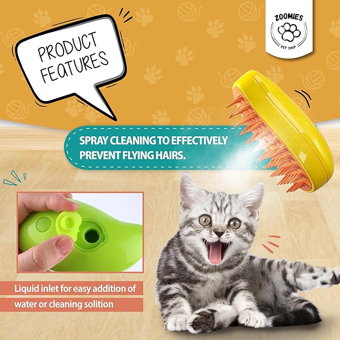 ZOOMIES-Cat Steam Brush-Ultimate 3-in-1 Pet Care Solution: Steamy Cat & Dog Grooming Brush - Say Goodbye to Shedding and Tangled Hair with our Steam-Powered Steamer Brush, Yellow
