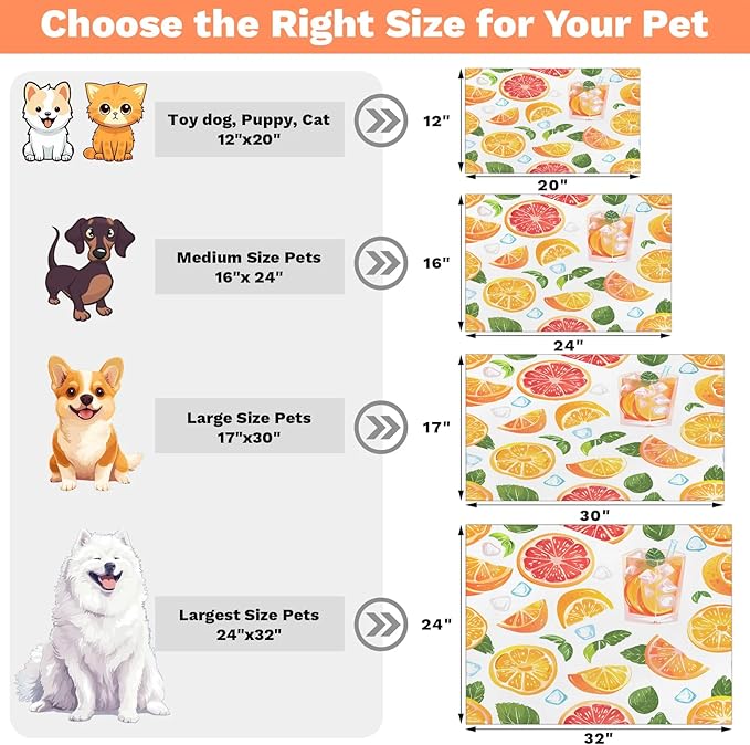 Orange Dog Food Mat for Floors Absorbent Dog Bowl Mat for Food and Water Dispenser Quick Dry Cat Food Placemat Pet Supplies 24" x 32", Summer Drink