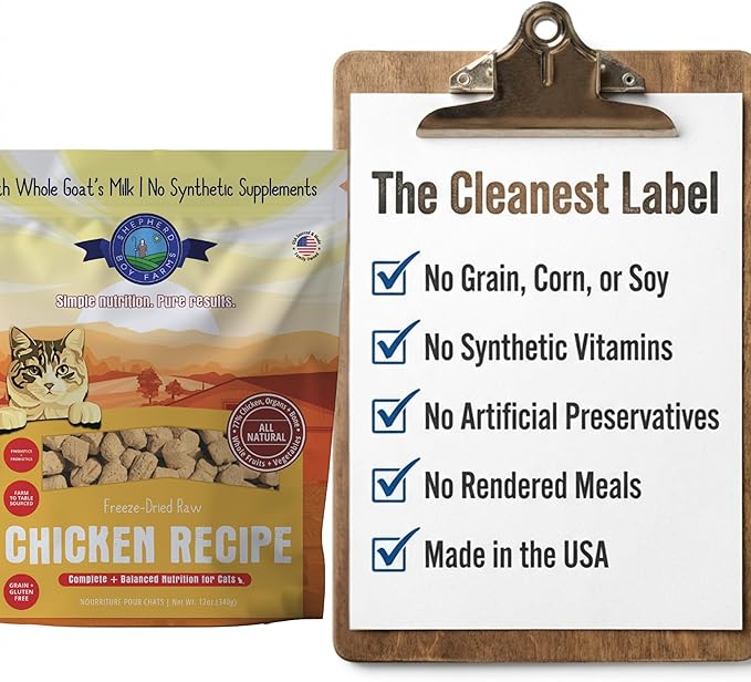 Shepherd Boy Farms Freeze-Dried Chicken Cat Food – High-Protein, Grain-Free, Made with Organic Fruits & Veggies & Goat’s Milk (12oz)